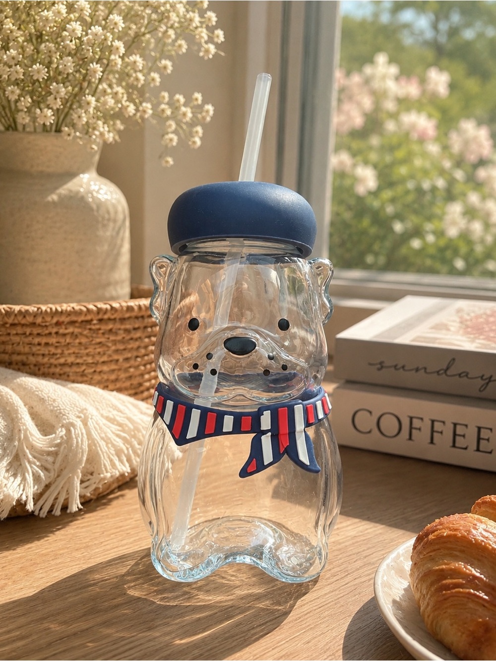 🐶 French Bulldog Glass Cup with Straw – New